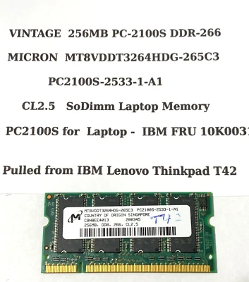 256MB PC-2100S DDR-266 MICRON MT8VDDT3264HDG-265C3 IBM 10K0033 LAPTOP SODIM DDR1 - Image 1 of 3