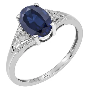 14k Solid White Gold Oval Natural Sapphire and Diamond Vintage Style Ring - Picture 1 of 6