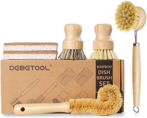 6 Piece Bamboo Dish Brush Set with Coconut Sponge - Wooden Dish Brush with Sisal - Picture 1 of 12
