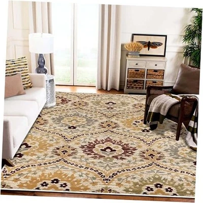  Indoor Area Rug, Jute Backed, Modern Oriental Floral Damask Floor Decor for  - Image 1 of 4
