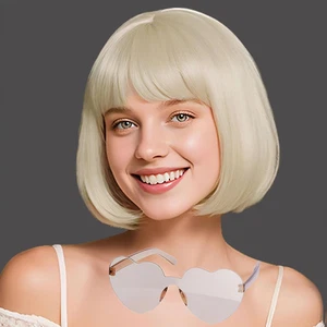 Blonde Bob Perücke + Sonnenbrille + gratis Perückenkappe für Damen kurze gerade Bob Perücke mit - Bild 1 von 12