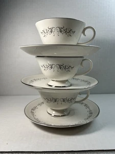 Flintridge China Bon Lite Silberrand Blumenrand Teetasse und Untertasse 3er Set - Bild 1 von 15
