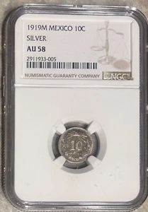 1919M Mexico 10 Centavos Silver NGC AU 58 - Picture 1 of 4