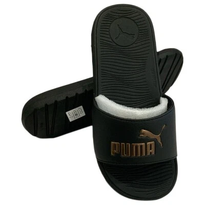 MSRP $48.99 NWT PUMA COOL CAT BOLD WOMEN'S BLACK GOLD SLIP ON SLIDES SANDALS - Image 1 of 2