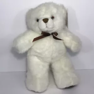 Vintage 12” Dakin White Ronny Teddy Bear Plush Stuffed Animal Brown Ribbon Bow - Picture 1 of 7