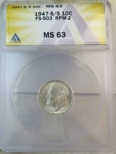 1947 S Roosevelt dime ANACS MS63 *FS 503 RPM-2* BR - Picture 1 of 3
