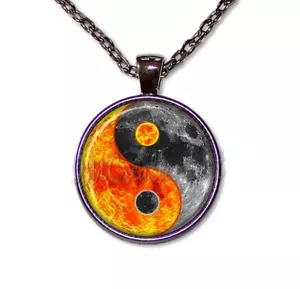 Yin Yang Symbol Sun Moon Celestial Zen Handmade Round Glass Pendant Necklace - Picture 1 of 10