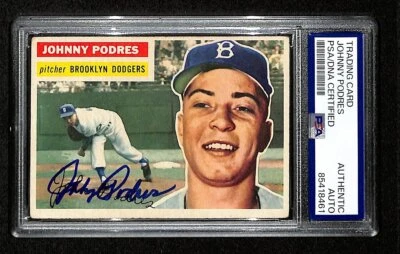 Tarjeta Topps 1956 firmada/automática Johnny Podres #173 Brooklyn Dodgers PSA/DNA 194849 Foto 1 de 2