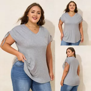 Summer Women V-Neck Short Sleeve Basic Tunic Top Blouse Shirt Casual Solid Shirt - Picture 1 of 16