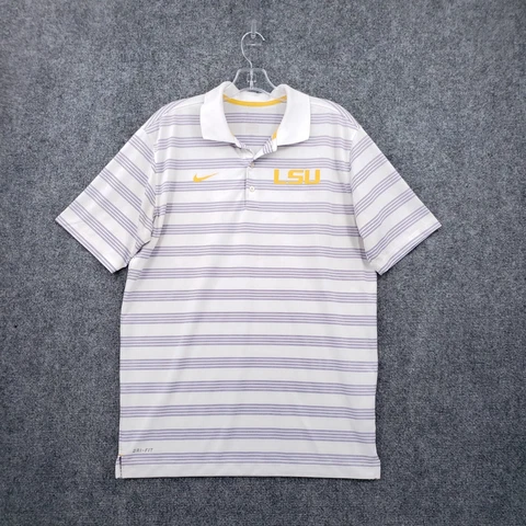 LSU Tigers Polo Shirt Mens L Large White Purple Nike Dri-Fit Striped Golf Active Cover