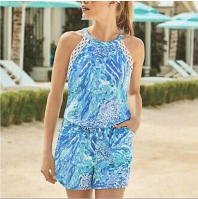 Lilly Pulitzer Lala Romper Lace Blue Haven Hey Hey Soleil XXS - Image 1 of 4