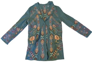 Coldwater Creek Juniper Ridge Knit Embroidered House Coat Dusty Green Cardigan S - Picture 1 of 12