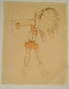 Native American Drawn Bow Arrow Color Sketch Drawing Original 12 x 15 - Picture 1 of 11
