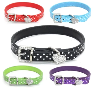 Pet Cat Dog Adjustable PU Leather Polka Dot Rhinestone Buckle Neck Dotted Collar - Picture 1 of 15