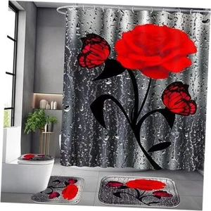 4 Pcs Bathroom Set,Red Rose Shower Curtain Sets, Floral Shower Curtain Sets - Picture 1 of 7