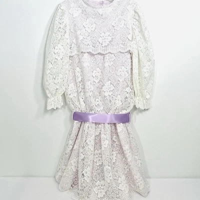 Vintage Girls Dress Sz 10 Lavender White Lace Overlay Drop Waist Ribbon Bow - Image 1 of 4