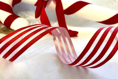 Christmas CANDY STRIPE sweet candies Red sheer & satin - Luxury Wire Edge Ribbon - Image 1 of 4