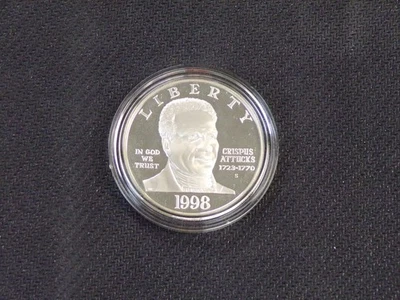 1998 US MINT BLACK REVOLUTIONARY WAR PATRIOTS DOLLAR .999 SILVER COIN W/ COA - Image 1 of 4