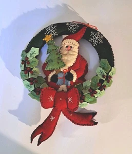 Handmade Santa Claus Felt Christmas Tree Ornament Mini Wreath 10" Embroidered  - Picture 1 of 5