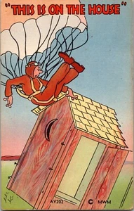 Postkarte Outhouse Humor Fallschirmjäger ""This Is On The House"" Leinen unpostiert - Bild 1 von 2