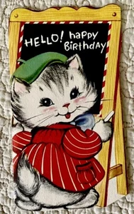 Tarjeta de felicitación vintage de cumpleaños gato gatito escribir pizarra tiza años 40 años 50 - Imagen 1 de 3
