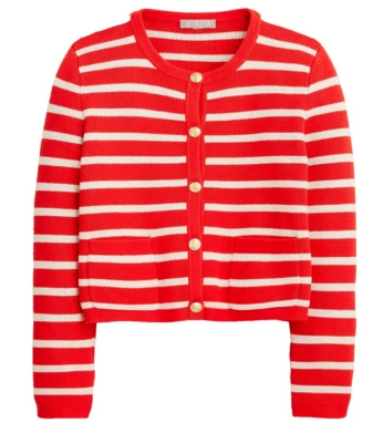 NUEVO CON ETIQUETAS J.Crew Emilie Suéter Dama Chaqueta en Rojo Marfil Rayas Tejido Cárdigan M Foto 1 de 4