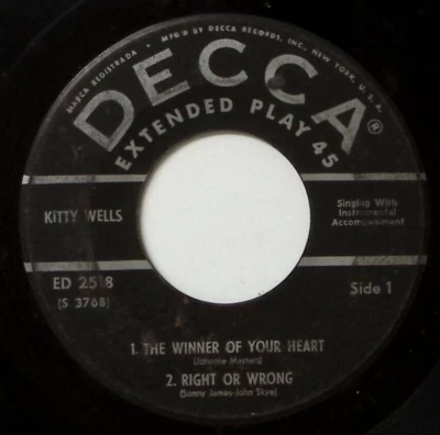 KITTY WELLS THE WINNER OF YOUR HEART/RIGHT OR WRONG/THE PACE... VINYL 45 57-71 - Image 1 of 3