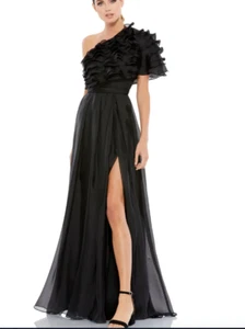 MAC DUGGAL 26527 RUFFLE LAYERED ONE SHOULDER BLACK GOWN  sz 6 - Picture 1 of 5