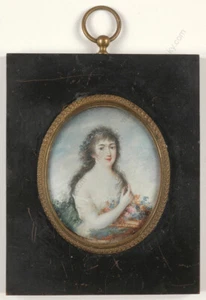 "Young beauty with flowers", fine French miniature, 1795/1800 - Picture 1 of 6