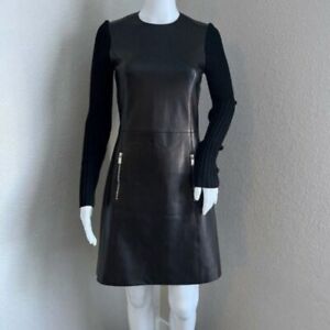 Michael Kors Collection Women's Leather Dress Size 2 Black Long Sleeve Italy