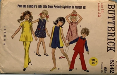 Girls Little Dress Pants Tunic Pattern Butterick 5342 Size 14 1970's Vintage - Image 1 of 3