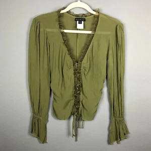 Camicetta contadina bebe Y2K trasparente con volant taglia S verde scollo a V bordo in pizzo cravatta made in USA - Foto 1 di 9