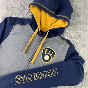 Milwaukee Brewers Jacket Mens Small Gray Blue Yellow Hoodie Full Zip Baseball - Picture 1 of 9