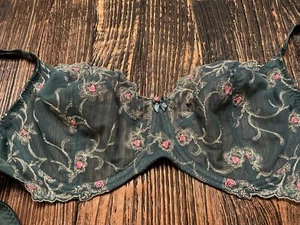 FeLiNa Lingerie Bra Sz.36DD Green Sheer Lace Gold Embroidery Roses Underwired - Picture 1 of 19