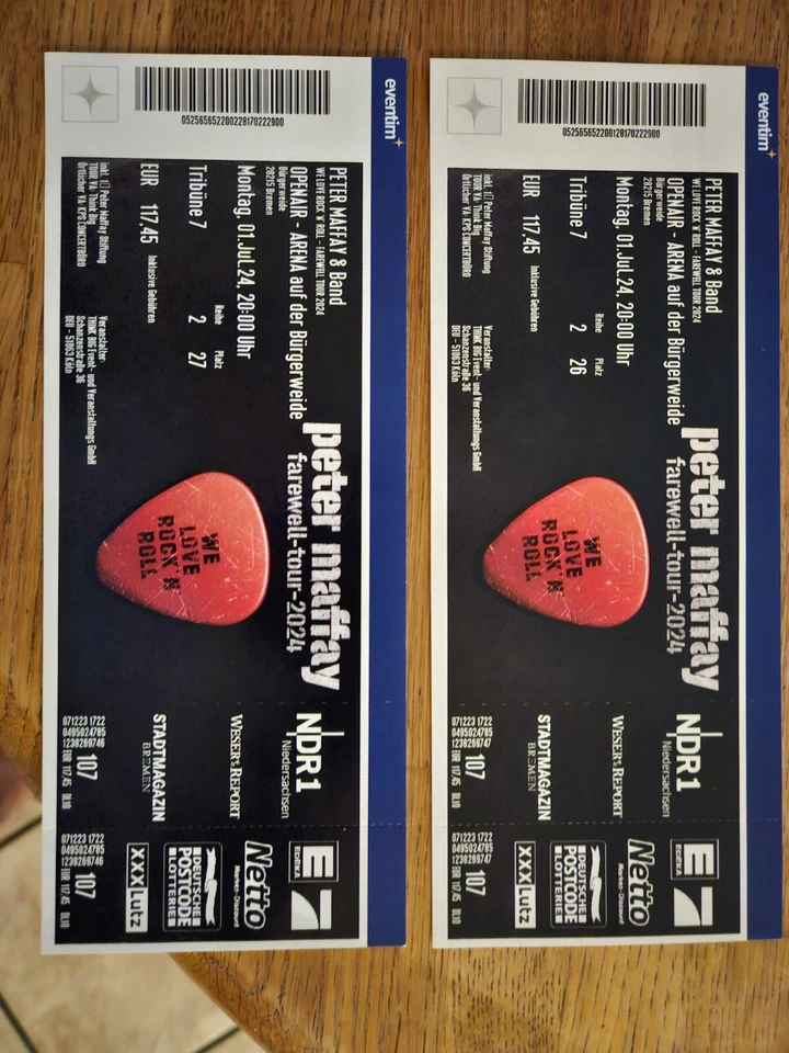 Peter Maffay  Bremen 2Tickets , Tribüne 7  Reihe 26u.27 Am Montag 1.7.24 - Bild 1 von 1