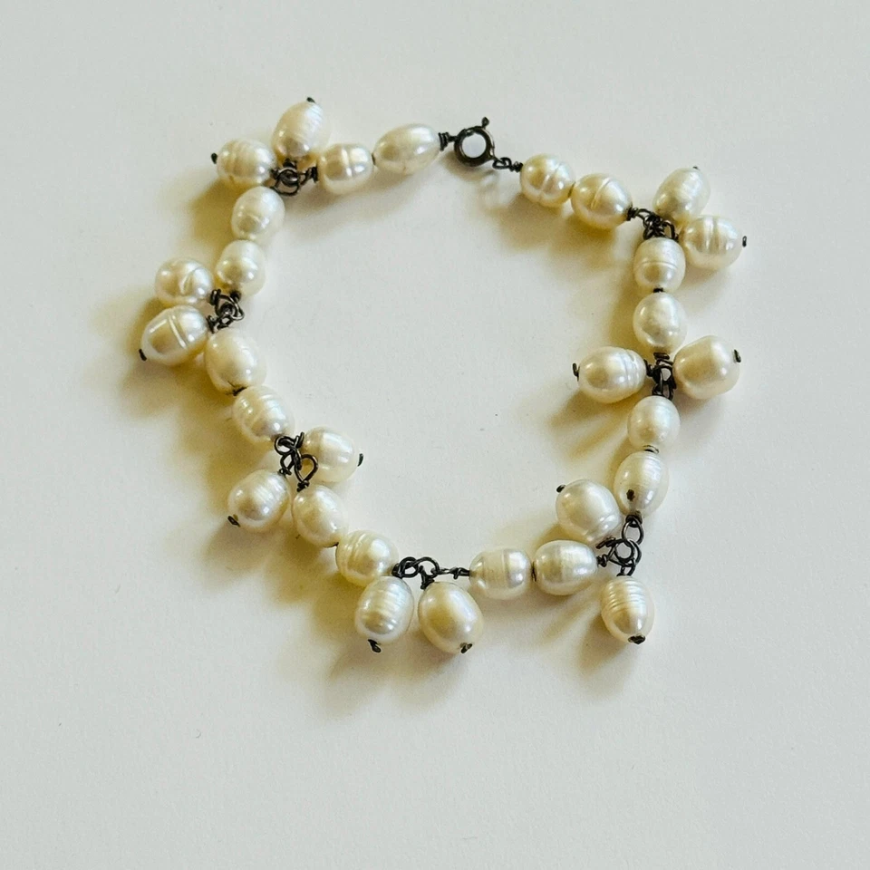 VTG charm Bracelet FreshWater Baroque Pearl Beaded dangle Sterling silver 925 - Image 1 of 1