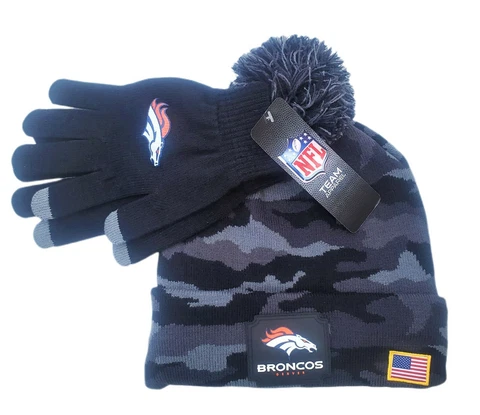 DENVER BRONCOS NFL Premium Men's Camo Cuffed Knit Winter Hat & Glove Set NWT $50 Cover
