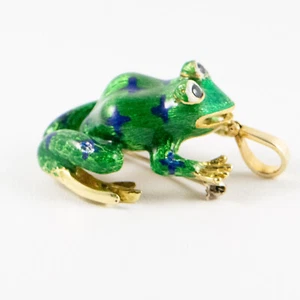 18K Vintage Frog Enamel Brooch Pendant Charm - Picture 1 of 8