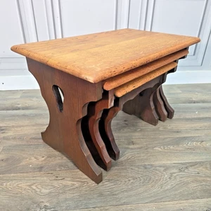 Retro Vintage Solid Wood Nest Of 3 Tables In Dark Finish Wooden Oak? Elm? - Picture 1 of 24