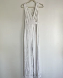 CHINO Anthropologie Jumpsuit Womens 8 White Scalloped Edge Long Wide Leg Pant - Picture 1 of 10