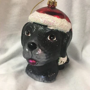 4.5” Blown Glass Black Dog Red Christmas Hat Hanging Ornament - Picture 1 of 9