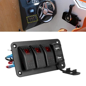 3 Gang 12V/24V Red LED Light Toggle Rocker Switch Panel Dual USB Car Boat Truck - Picture 1 of 12