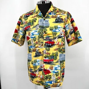 Aloha Republic Hawaiian Shirt Yellow Pinup Girl Cars Cadillac Drive-In Retro L - Picture 1 of 6