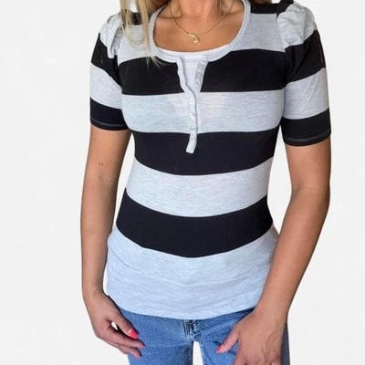 Camisa a Rayas Henley Estilo Capas Gris y Negro Mujer XS Foto 1 de 3