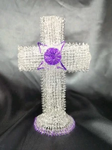 Large Clear Glass Cross Figurine Purple Detail Glass Figure Faith New - Picture 1 of 4