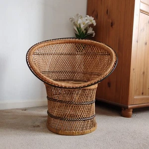 Vintage Wicker 1970's Barrel Chair Bamboo Cane 57cm Peacock Design Boho Rattan - Picture 1 of 24