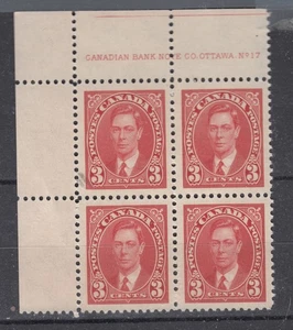 1937 #233 3¢ KING GEORGE VI MUFTI ISSUE UPPER LEFT PLATE BLOCK #17 F-VF - Picture 1 of 2