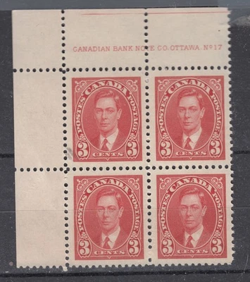 1937 #233 3¢ KING GEORGE VI MUFTI ISSUE UPPER LEFT PLATE BLOCK #17 F-VF - Image 1 of 2