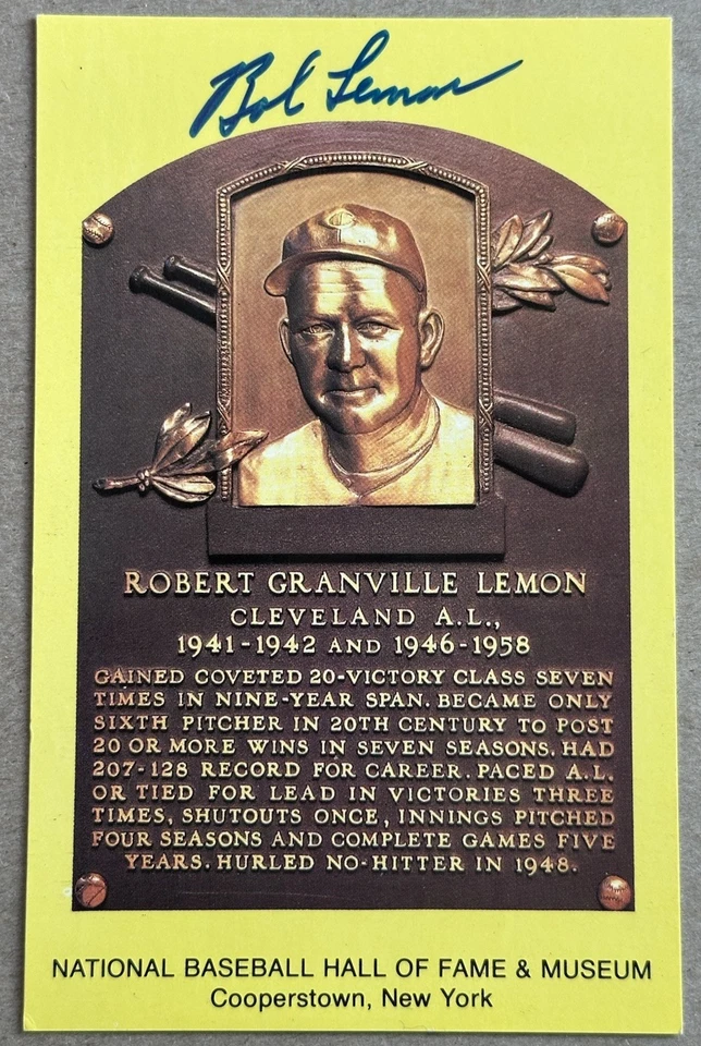 Bob Lemon Signed Autographed Hall of Fame HOF Plaque Postcard Indians - Image 1 of 1