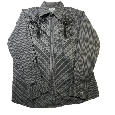 Camisa Xtreme Couture by Affliction a Rayas Manga Larga Cuello Abotonado Talla XL Foto 1 de 4